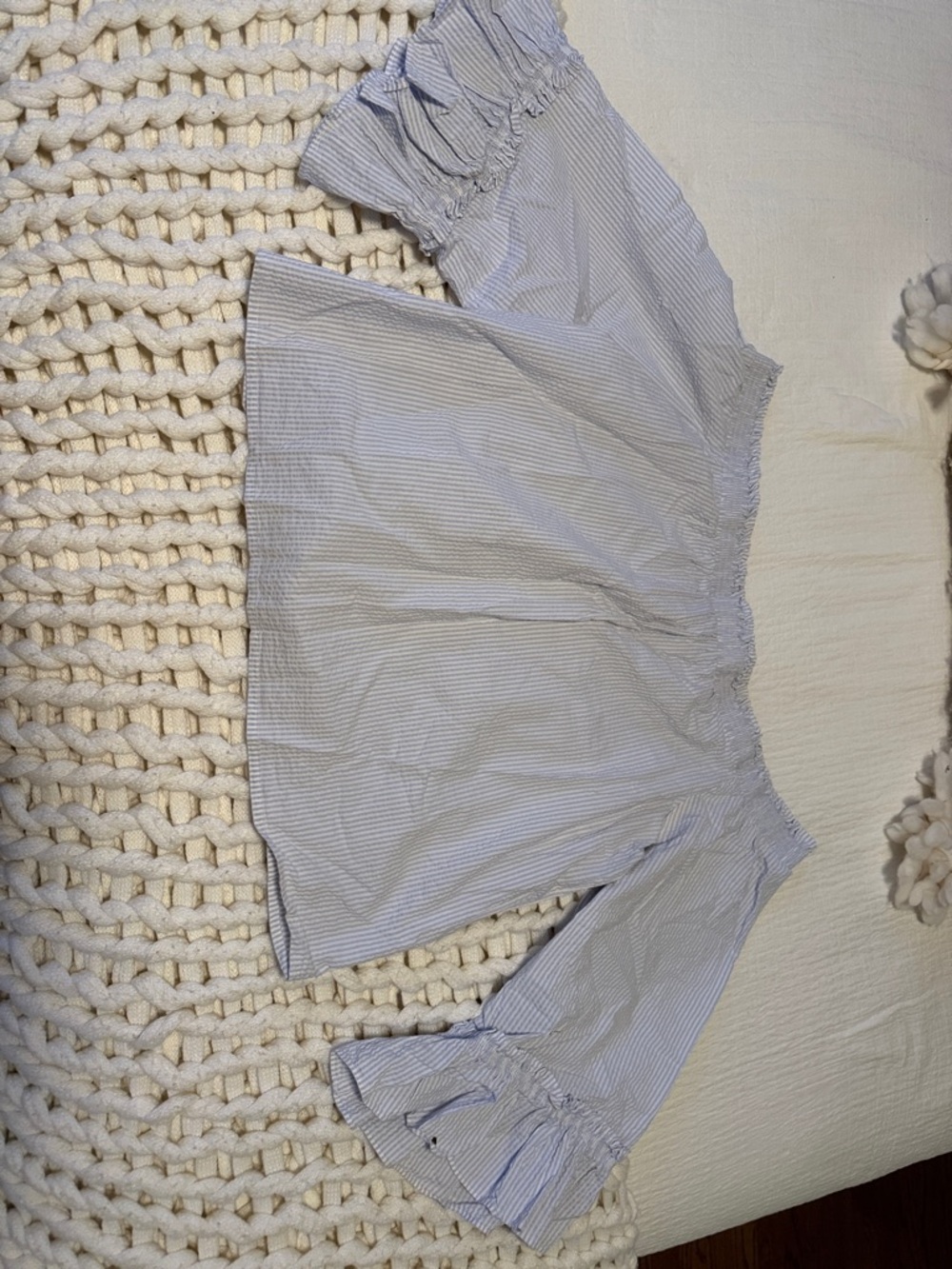 Banana Republic Light Blue and White Striped Off-Shoulder Top